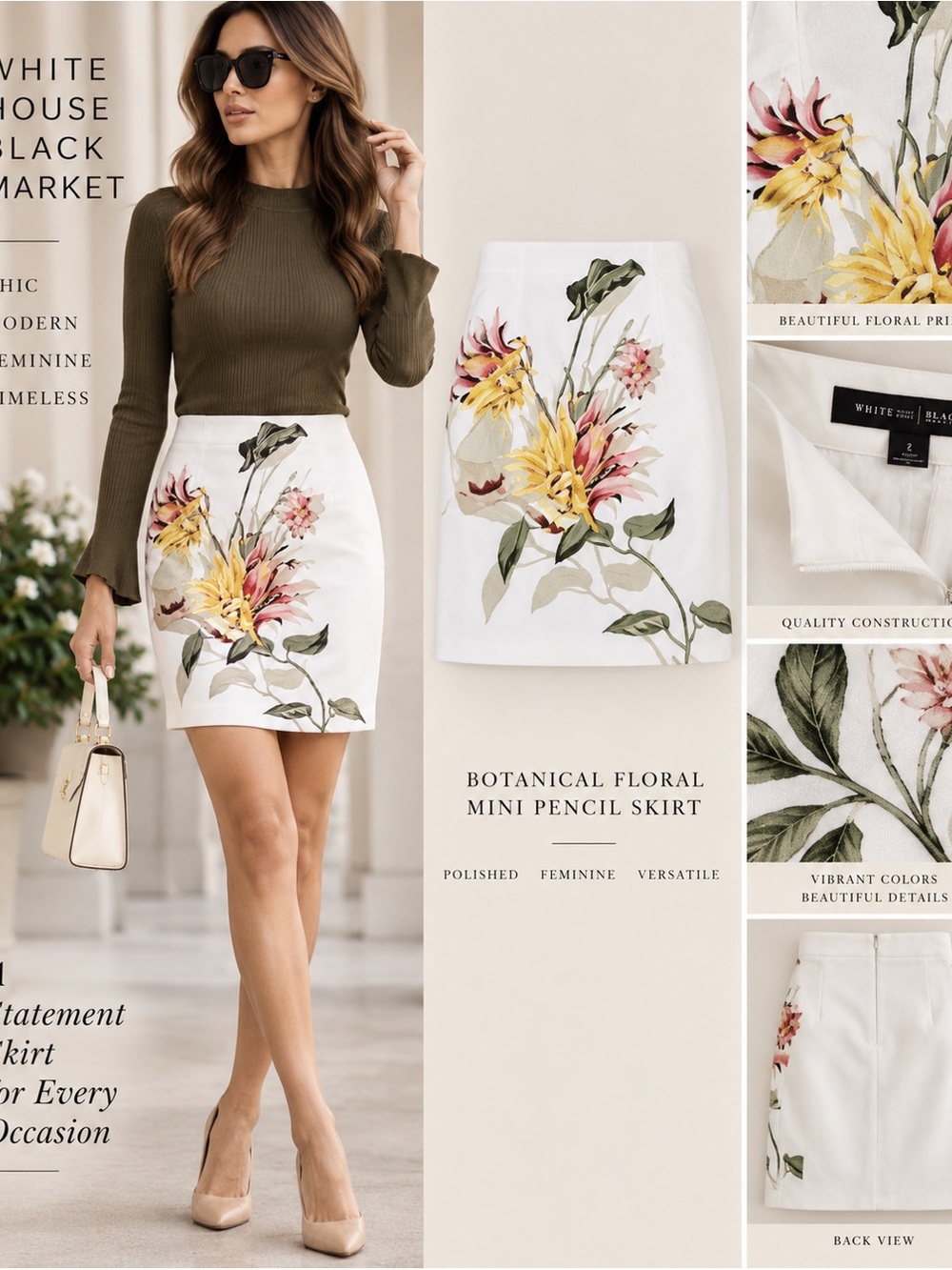 WHBM White Embroidered Botanical Floral Pencil Mini Skirt Size 2